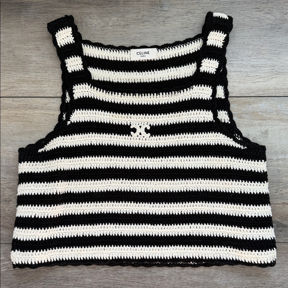 Celine Black and White Striped Crochet knit crop Top